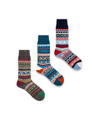 鮮やかなエスニック柄と対照色つま先、厚手コットン素材の快適フィットソックス3足セット