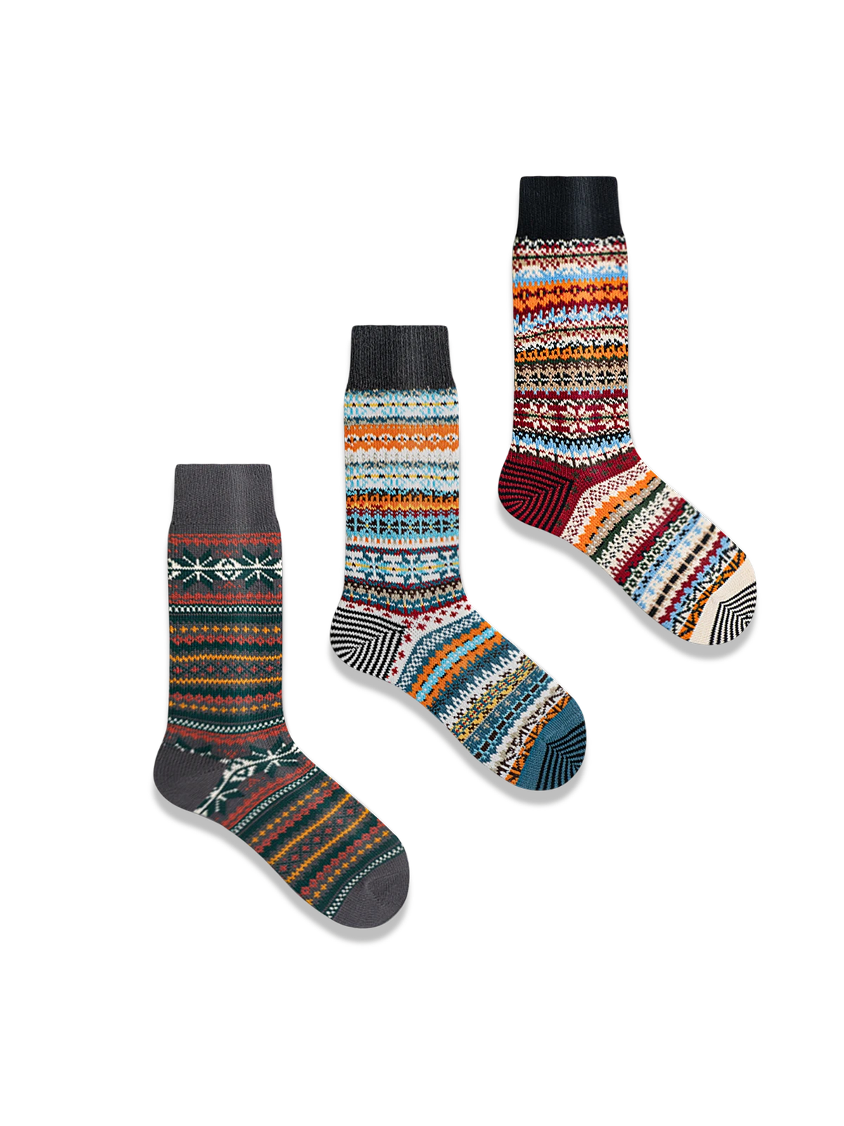鮮やかなエスニック柄と対照色つま先、厚手コットン素材の快適フィットソックス3足セット