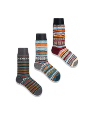 鮮やかなエスニック柄と対照色つま先、厚手コットン素材の快適フィットソックス3足セット