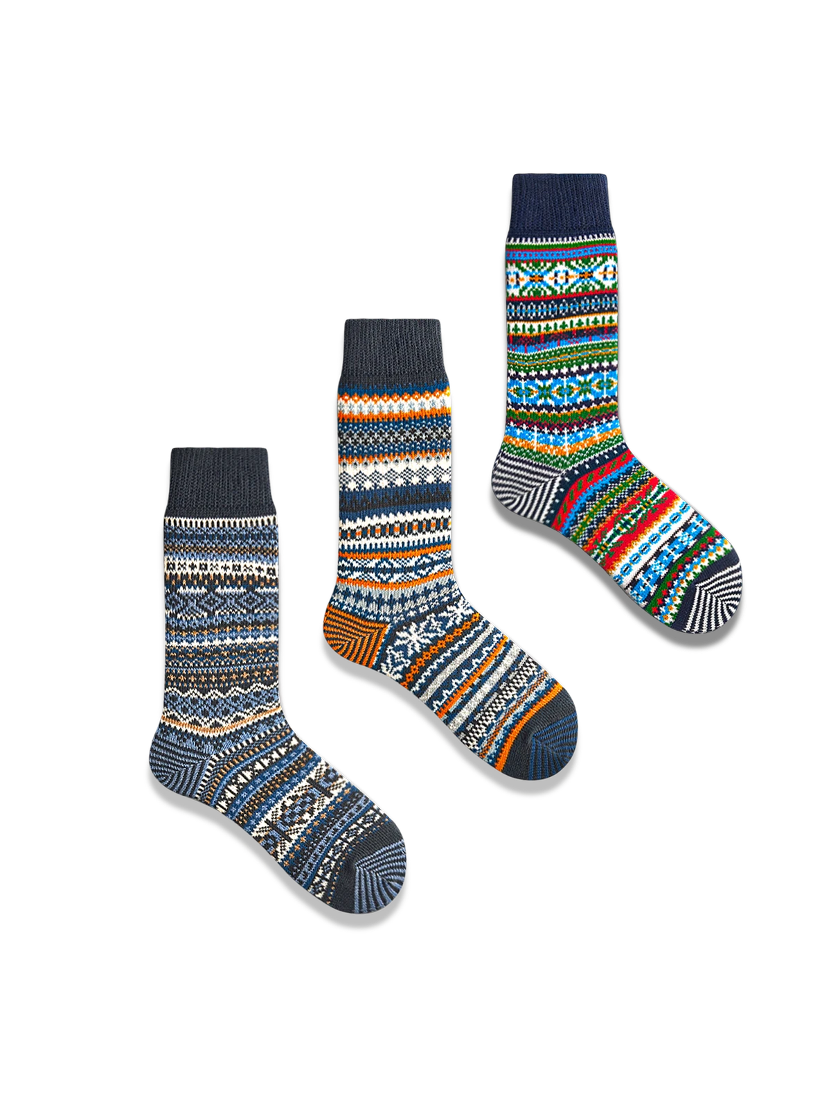 鮮やかなエスニック柄と対照色つま先、厚手コットン素材の快適フィットソックス3足セット