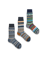 鮮やかなエスニック柄と対照色つま先、厚手コットン素材の快適フィットソックス3足セット