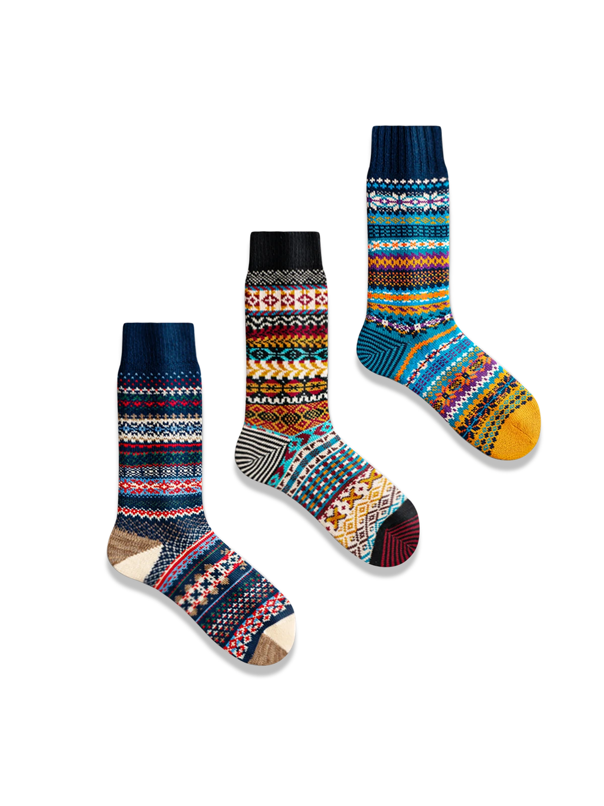 鮮やかなエスニック柄と対照色つま先、厚手コットン素材の快適フィットソックス3足セット