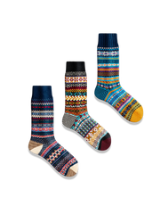 鮮やかなエスニック柄と対照色つま先、厚手コットン素材の快適フィットソックス3足セット