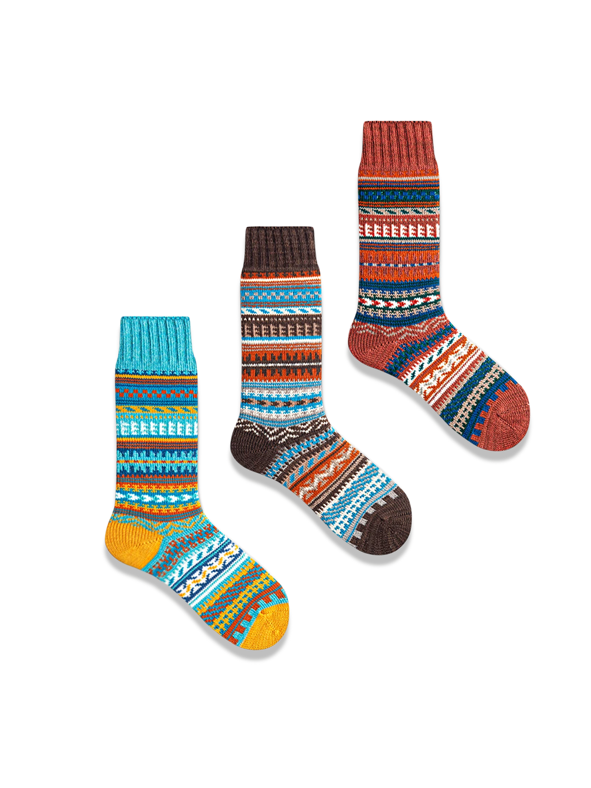 鮮やかなエスニック柄と対照色つま先、厚手で快適なコットン混紡素材のPESSOAメンズソックス3足セット