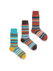 鮮やかなエスニック柄と対照色つま先、厚手で快適なコットン混紡素材のPESSOAメンズソックス3足セット