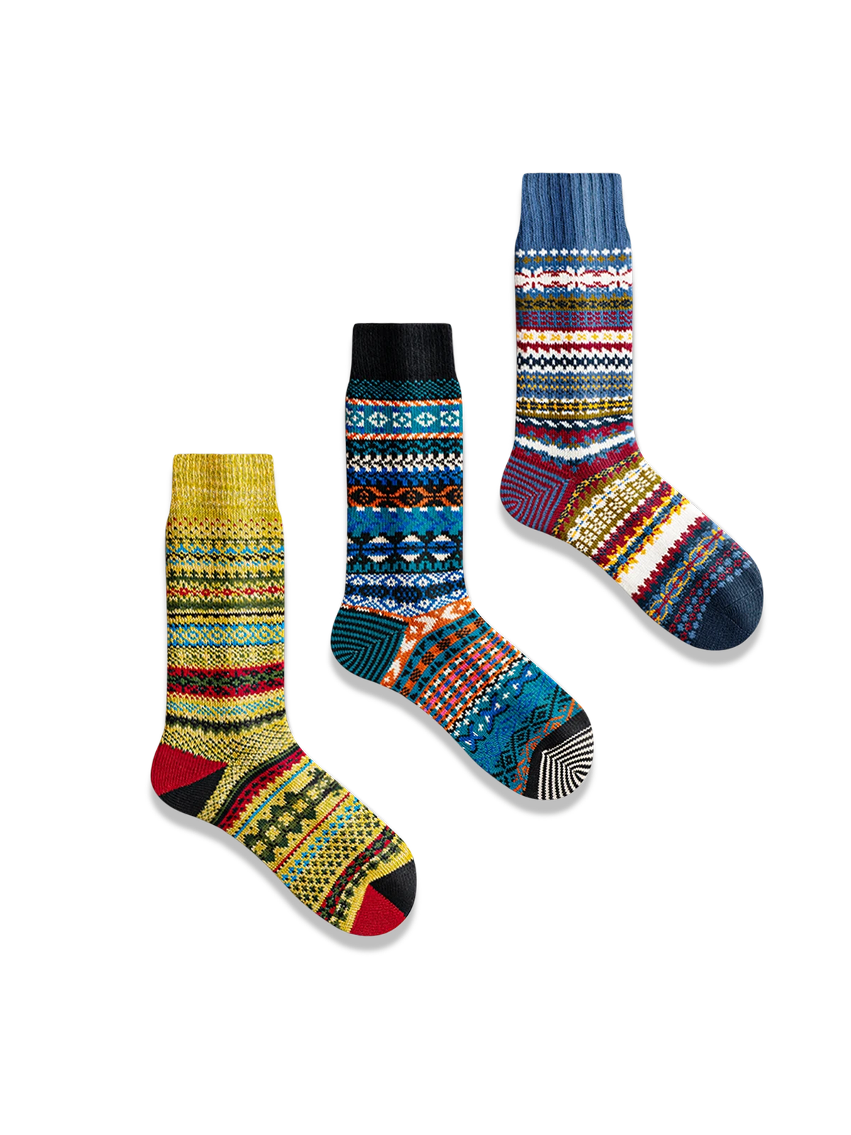 鮮やかなエスニック柄と対照色つま先、厚手コットン素材の快適フィットソックス3足セット
