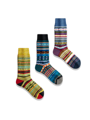 鮮やかなエスニック柄と対照色つま先、厚手コットン素材の快適フィットソックス3足セット