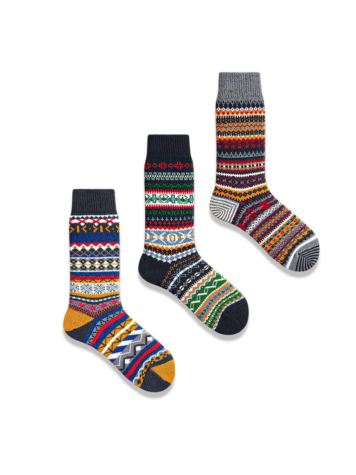 鮮やかなエスニック柄と対照色つま先、厚手コットン素材の快適フィットソックス3足セット