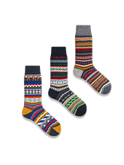 鮮やかなエスニック柄と対照色つま先、厚手コットン素材の快適フィットソックス3足セット