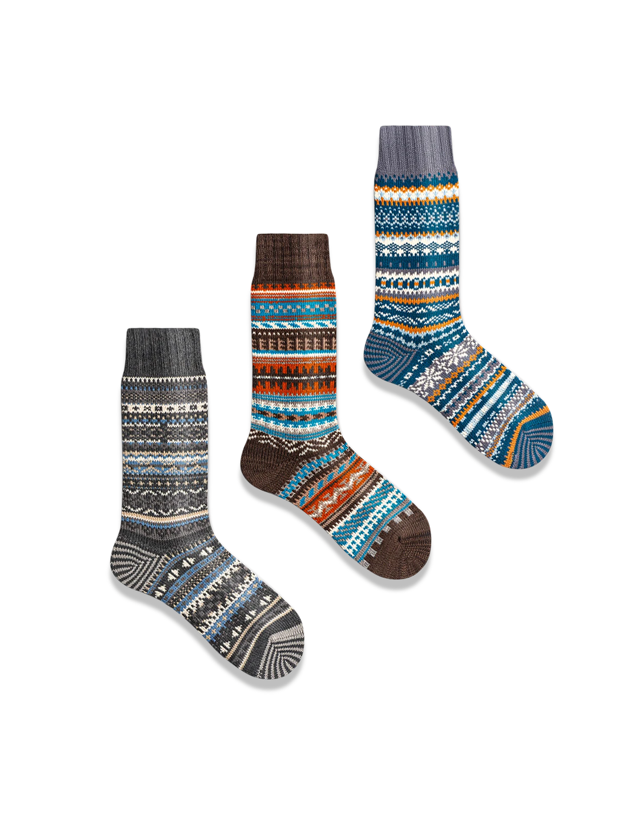 鮮やかなエスニック柄と対照色つま先、厚手コットン素材の快適フィットソックス3足セット