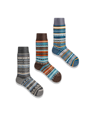 鮮やかなエスニック柄と対照色つま先、厚手コットン素材の快適フィットソックス3足セット