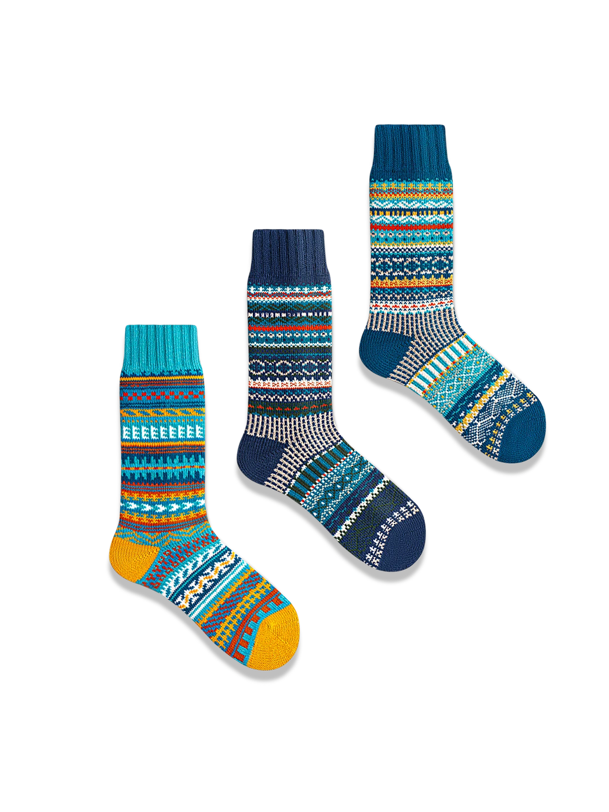 鮮やかなエスニック柄と対照色つま先、厚手コットン素材の快適フィットソックス3足セット