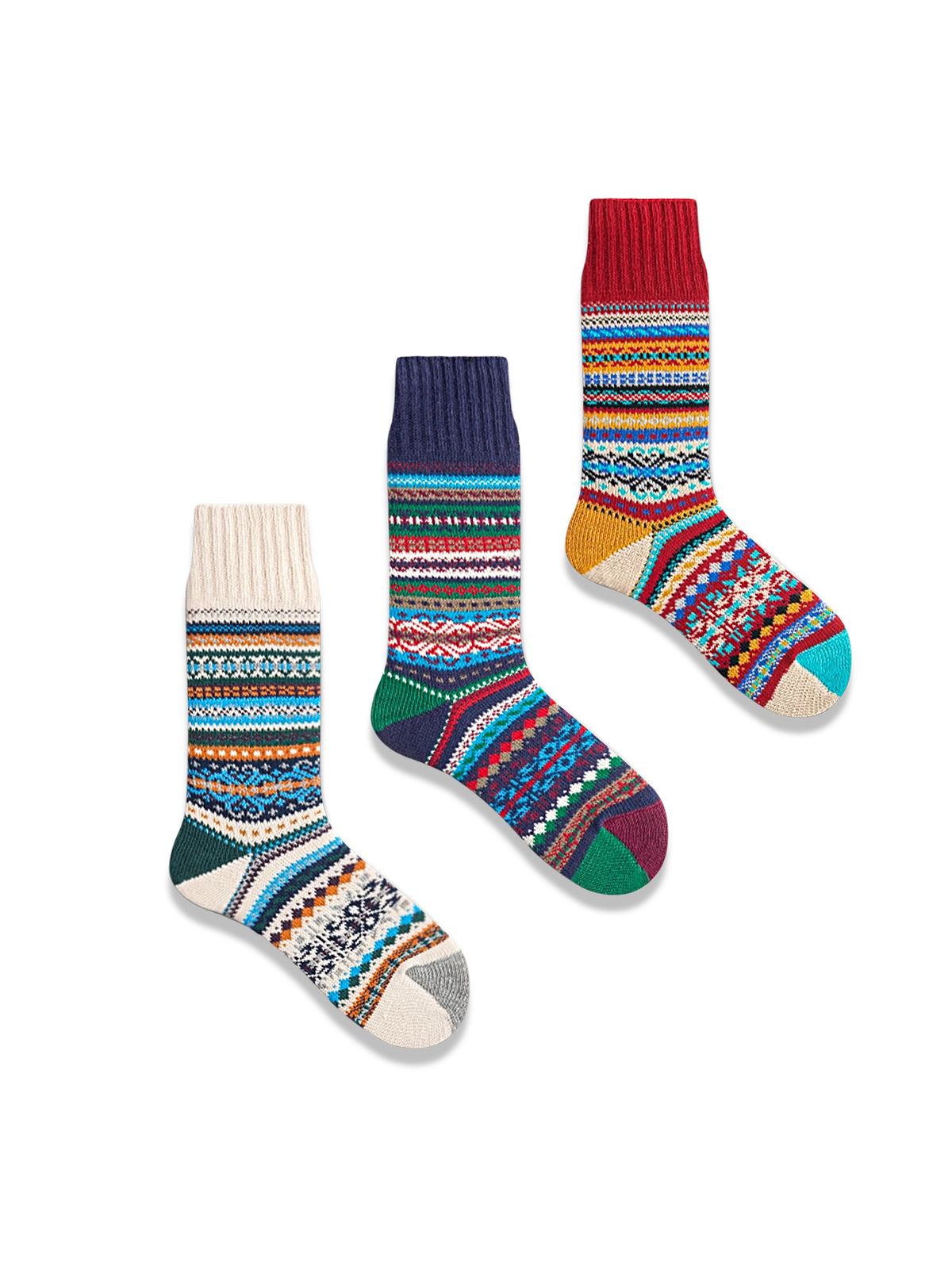 鮮やかなエスニック柄と対照色つま先、厚手コットン素材の快適フィットソックス3足セット
