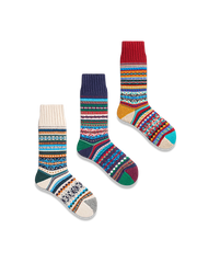 鮮やかなエスニック柄と対照色つま先、厚手コットン素材の快適フィットソックス3足セット