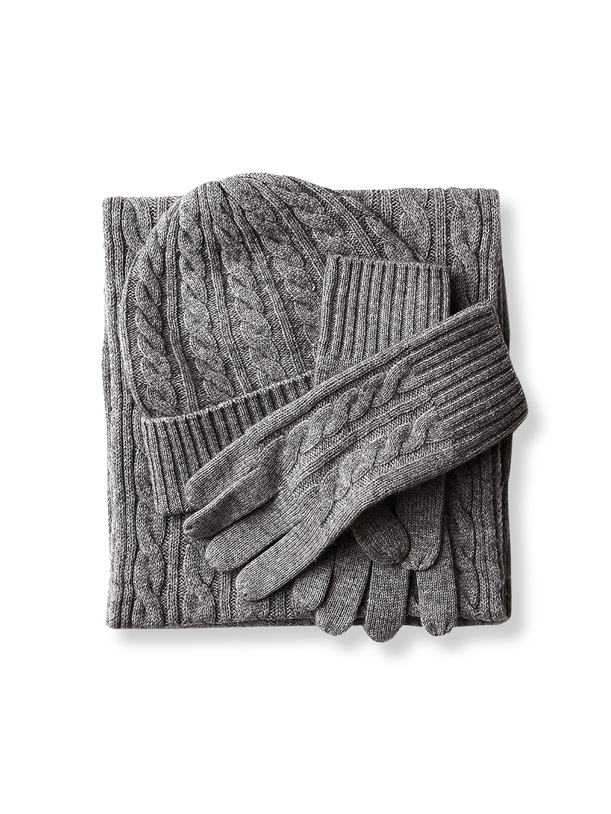 ラムウール・カシミヤ混紡のケーブル柄ニット3点セット。保温性高く毛玉防止機能付きの冬用アクセサリー。