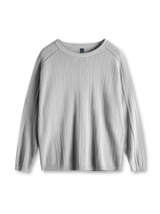 グレーのコットンリブニット、クルーネック、切替縫いの立体ラインとリブ袖口仕様