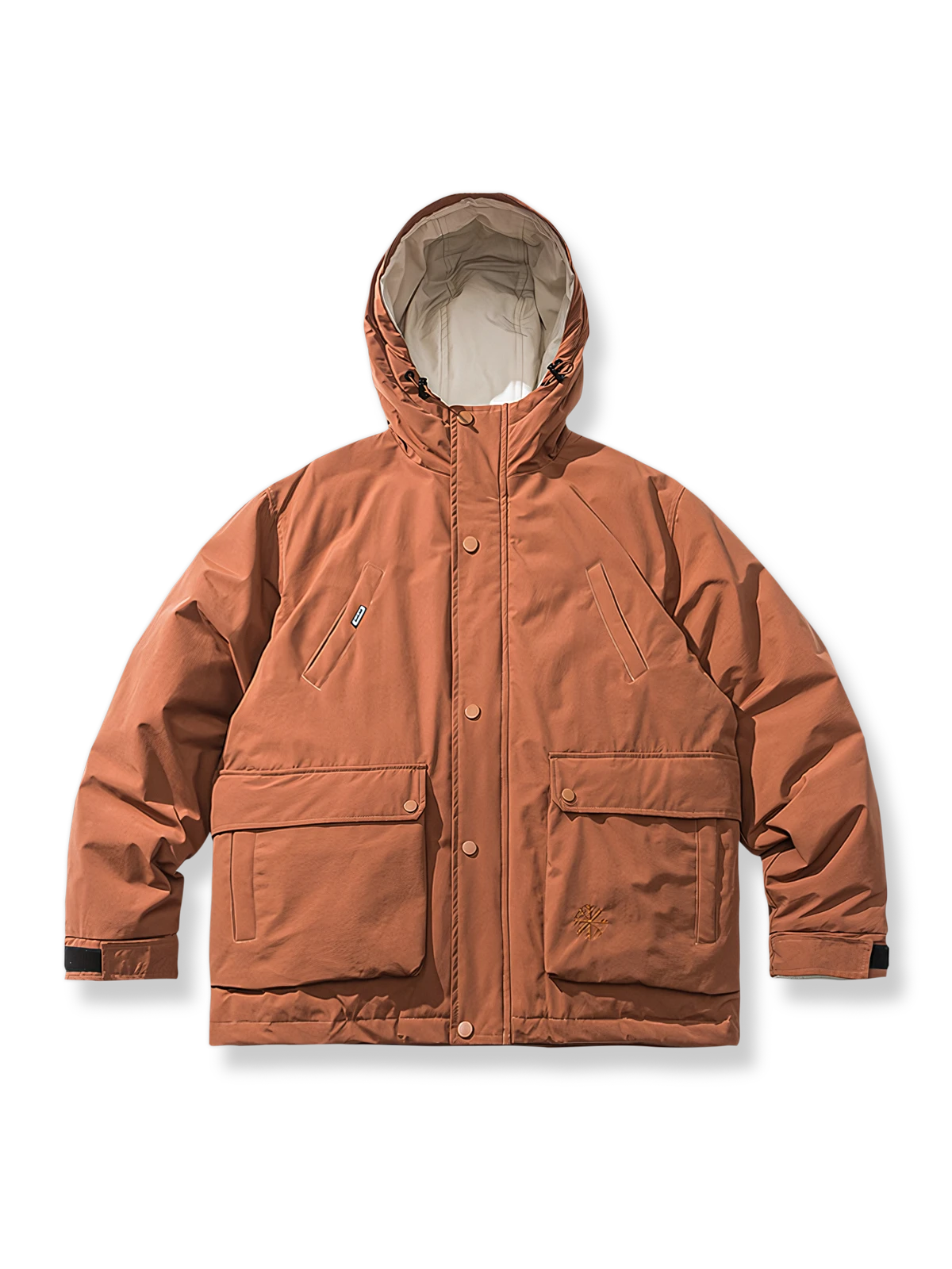 立体ポケットとフード付きの軽量ダウンジャケット