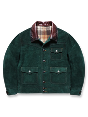 3ポケット頭層本革ヌバックレザージャケットの全体正面画像、微起毛の質感とオイルワックス加工襟のディテール。