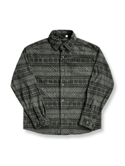 製品画像: 4色展開の民族風ヴィンテージプリントコーデュロイシャツ。ウォッシュ加工された柔らかいコーデュロイ素材の長袖シャツの全体展示画像。個性的なデザインと快適な着心地を特徴とするメンズ・レディース向けトップス。

詳細画像: 高品質のコットン製ストレッチコーデュロイ素材を使用した民族風プリントシャツのディテールクローズアップ画像。細かなプリントのデザインと素材の質感が強調されている画像。