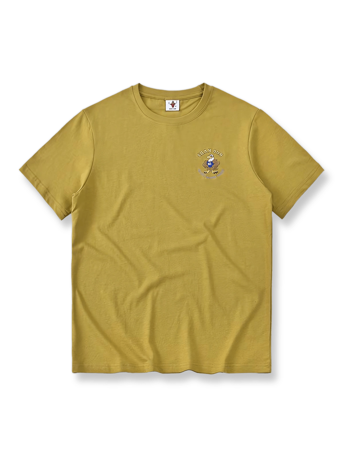 エメラルドグリーン色織りストライプのリラックスフィット日本スタイルショートスリーブTシャツの全体像。