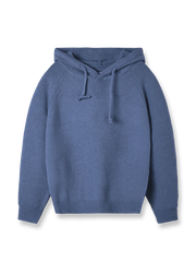 起毛加工とフード付きデザインが特徴のウール混紡ニットセーター。4色展開で耐久性のある仕上がり。