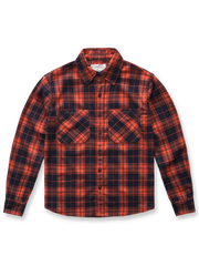 5色展開ヴィンテージ加工チェック柄厚手シャツの全体正面画像、ツーポケットとチェック柄のディテール。