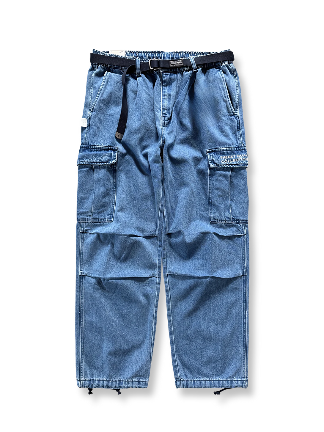 6色展開多機能ポケットワイドレッグワークデニムパンツの全体正面画像、3-in-1ウエストデザインと多機能ポケットのディテール。