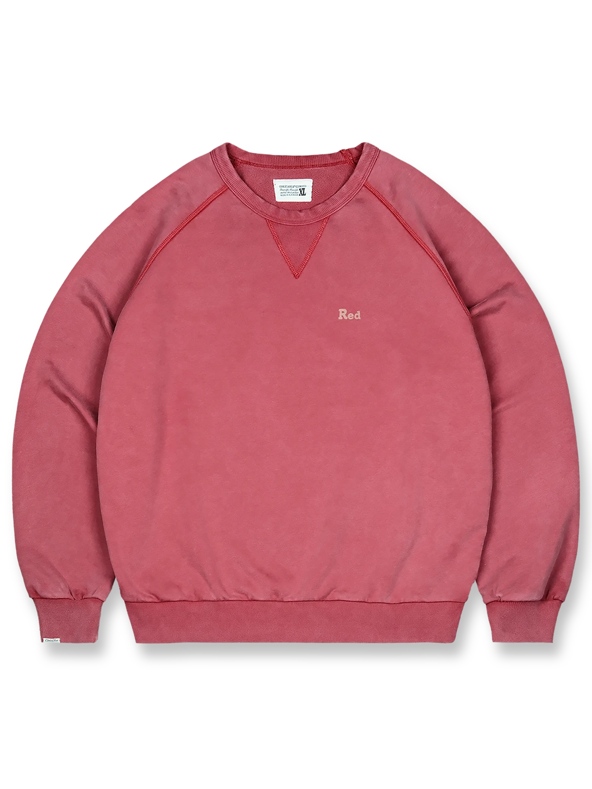 6色展開色落ち加工スウェットの全体正面画像、英文字プリントとリブ袖口のディテール。