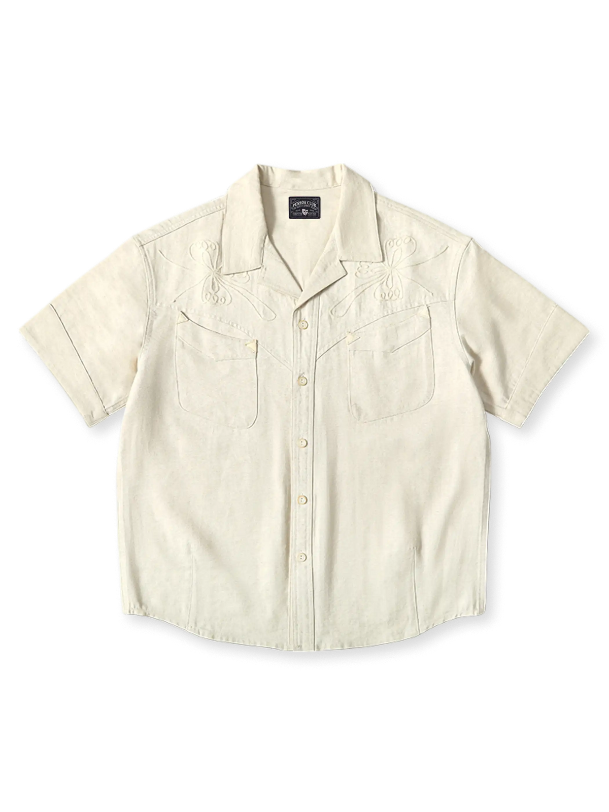 白革パッチとチェーン刺繍が映えるコットンリネンウェスタンキューバシャツ