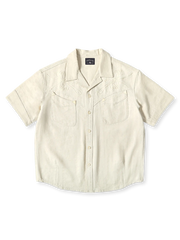 白革パッチとチェーン刺繍が映えるコットンリネンウェスタンキューバシャツ