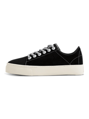 90年代スタイルのスエード×キャンバス異素材厚底スニーカー。本革アイレットと厚底ソールが特徴。