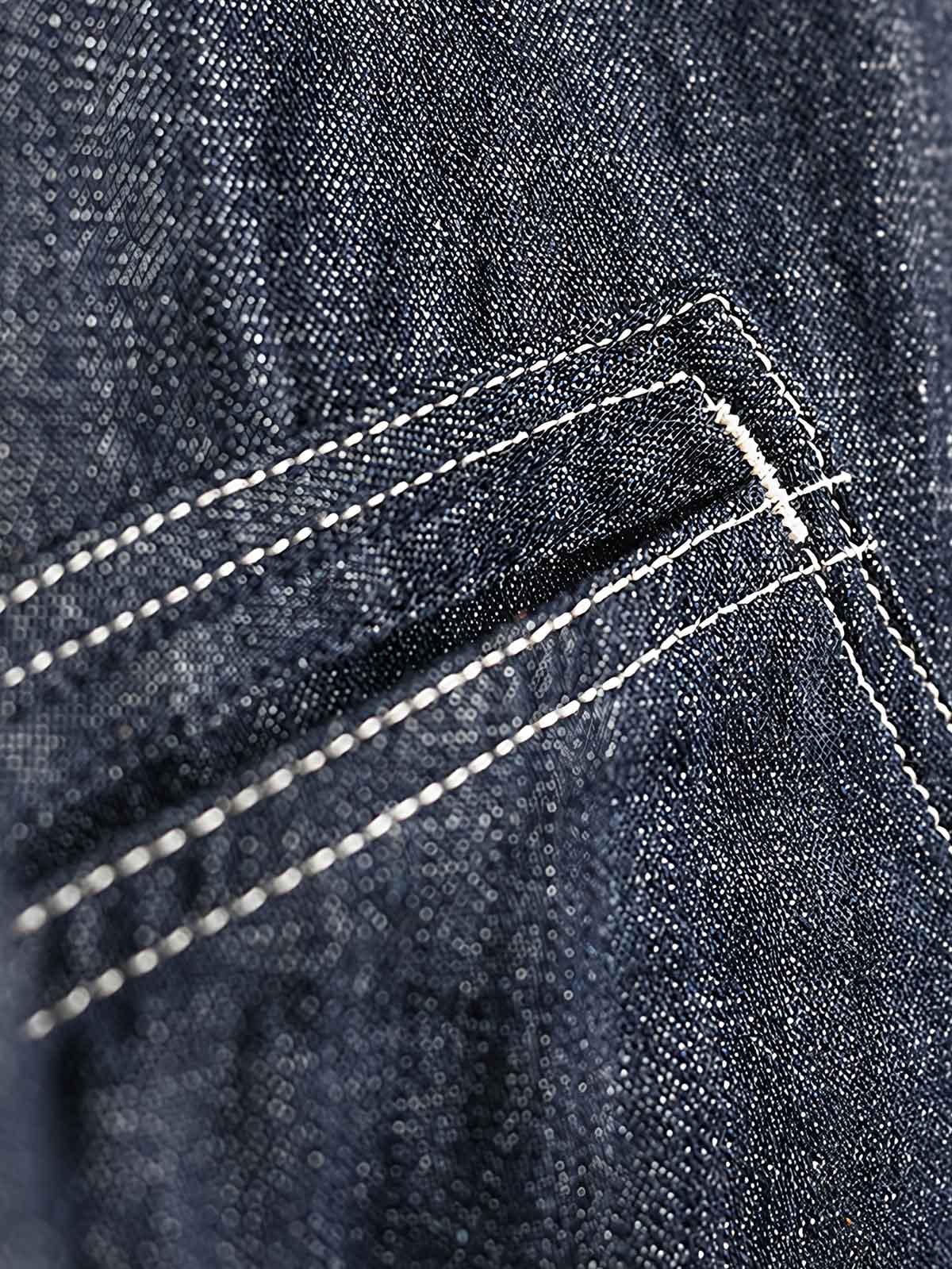 製品画像: 91-Bデニム竹節柄ワークジャケットの正面図
詳細画像: 91-Bジャケットのジッパーおよびポケットディテールのクローズアップ