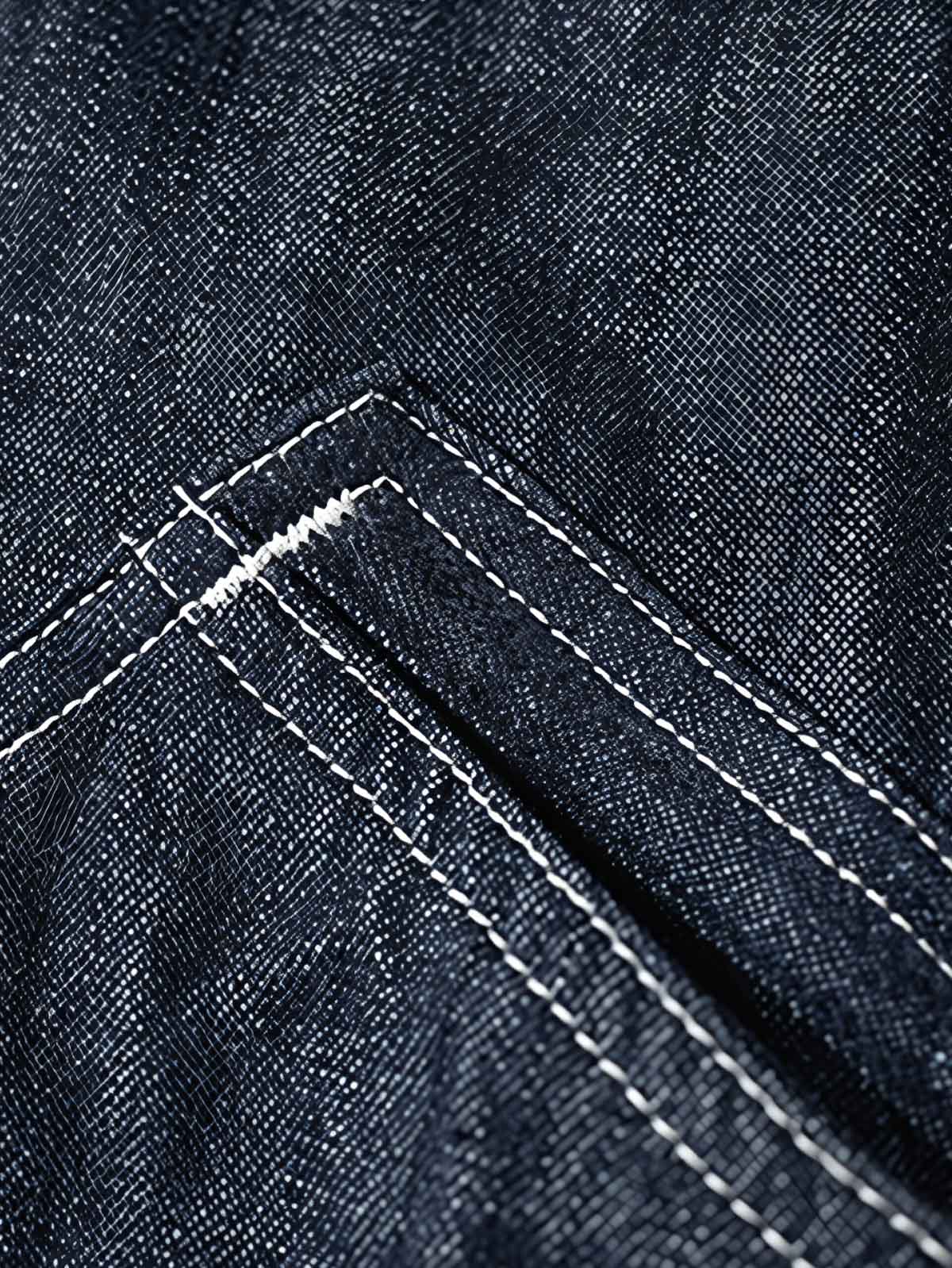 製品画像: 91-Bデニム竹節柄ワークジャケットの正面図
詳細画像: 91-Bジャケットのジッパーおよびポケットディテールのクローズアップ