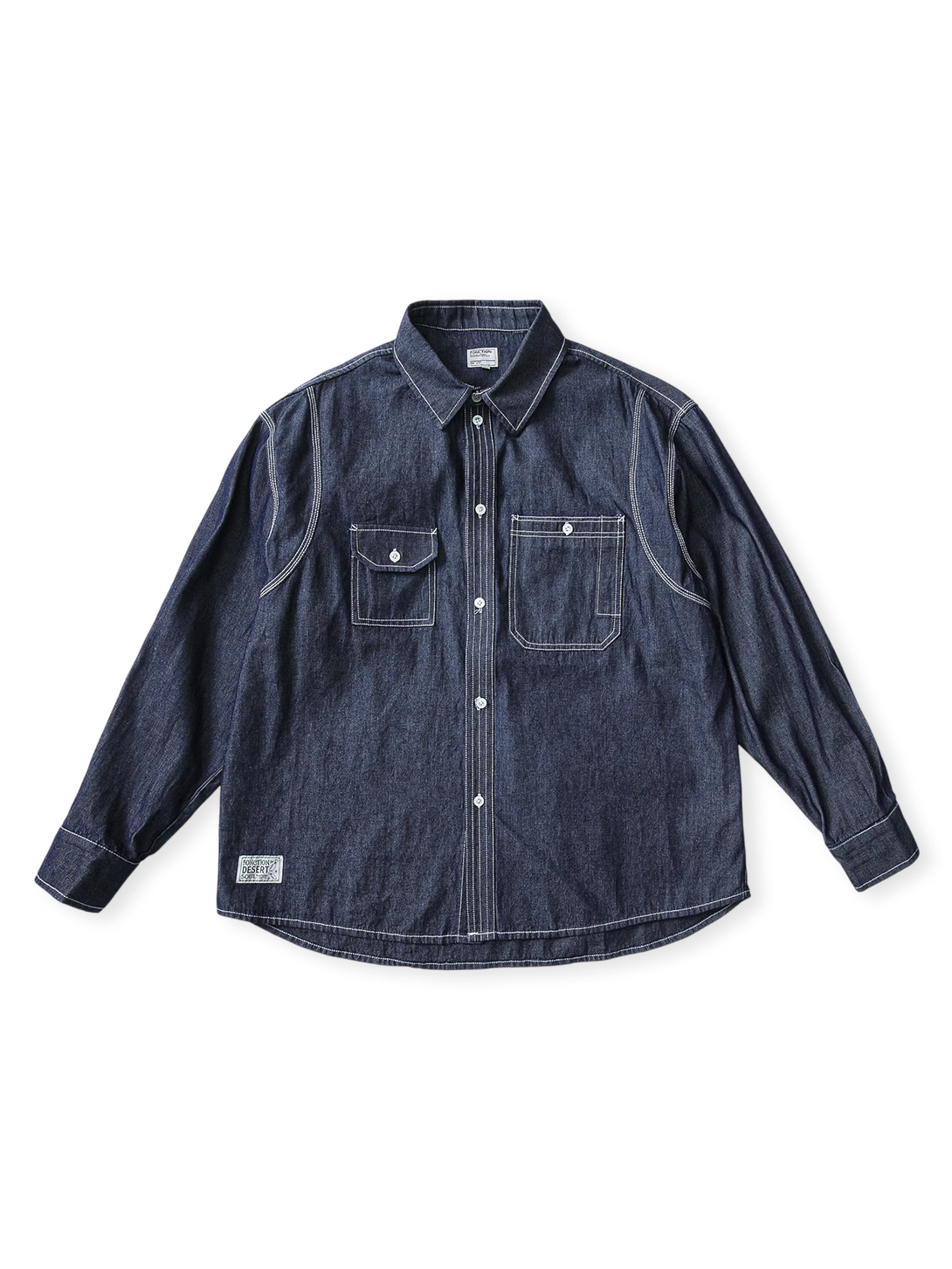 1930年代US Duty Work Shirt着想の日本製9ozダブルウィーブデニムシャツ。加硬裏地と三本ステッチ補強付き。