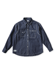 1930年代US Duty Work Shirt着想の日本製9ozダブルウィーブデニムシャツ。加硬裏地と三本ステッチ補強付き。