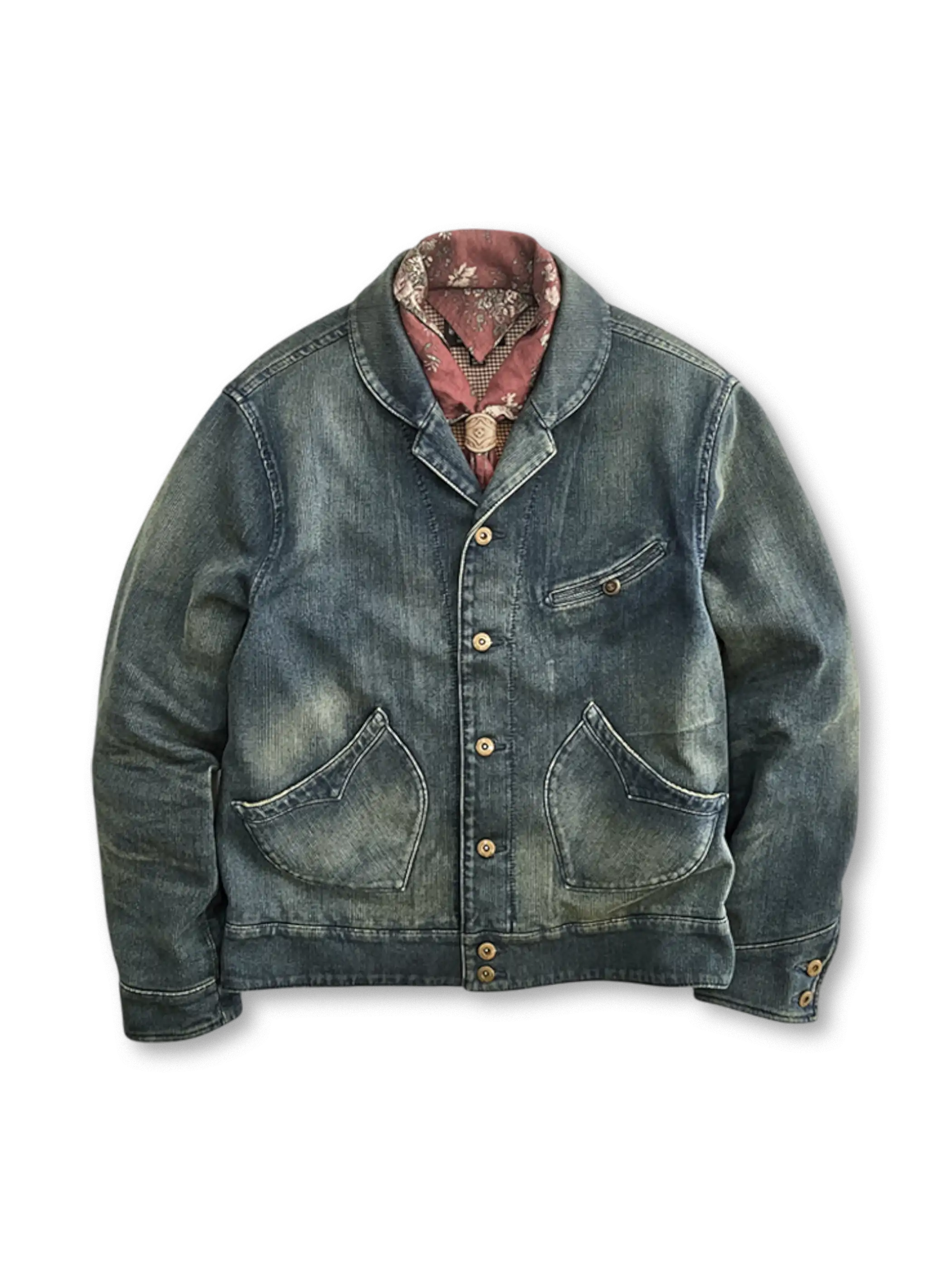 ヴィンテージ加工が施された西部淘金風デニムジャケット、前面に複数ポケット
