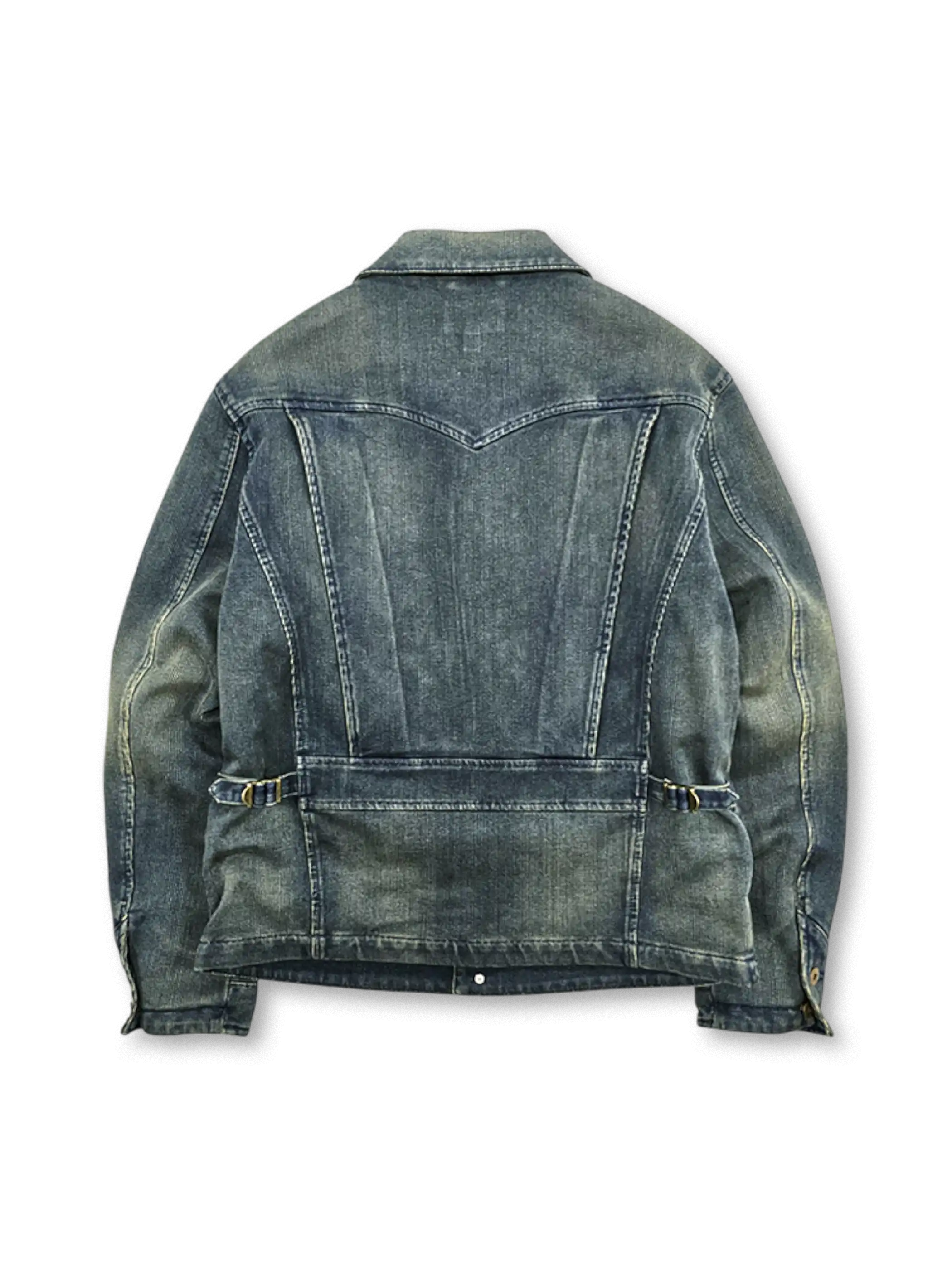ヴィンテージ加工が施された西部淘金風デニムジャケット、前面に複数ポケット
