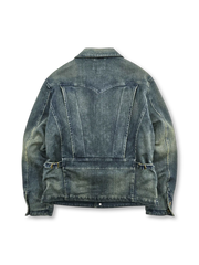 ヴィンテージ加工が施された西部淘金風デニムジャケット、前面に複数ポケット
