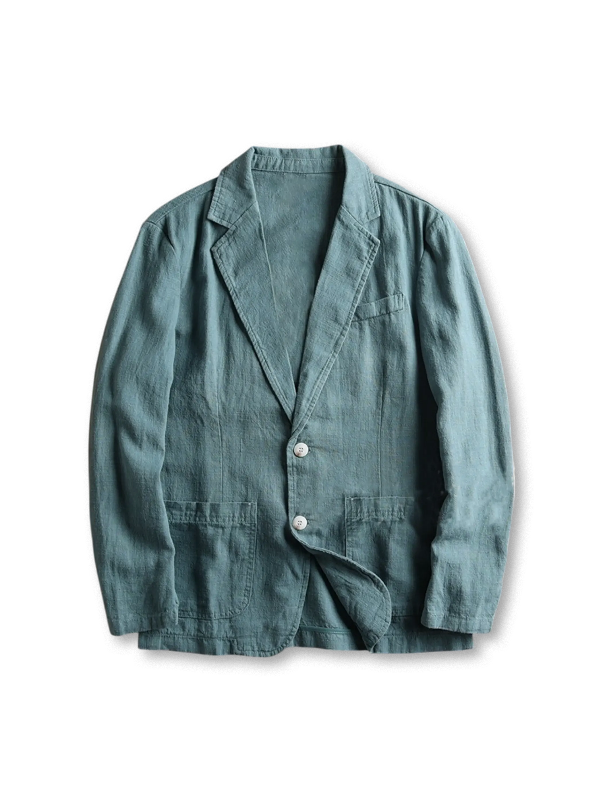 リネンブレンドのテーラードジャケット、フロントに二つボタンとパッチポケットが見える