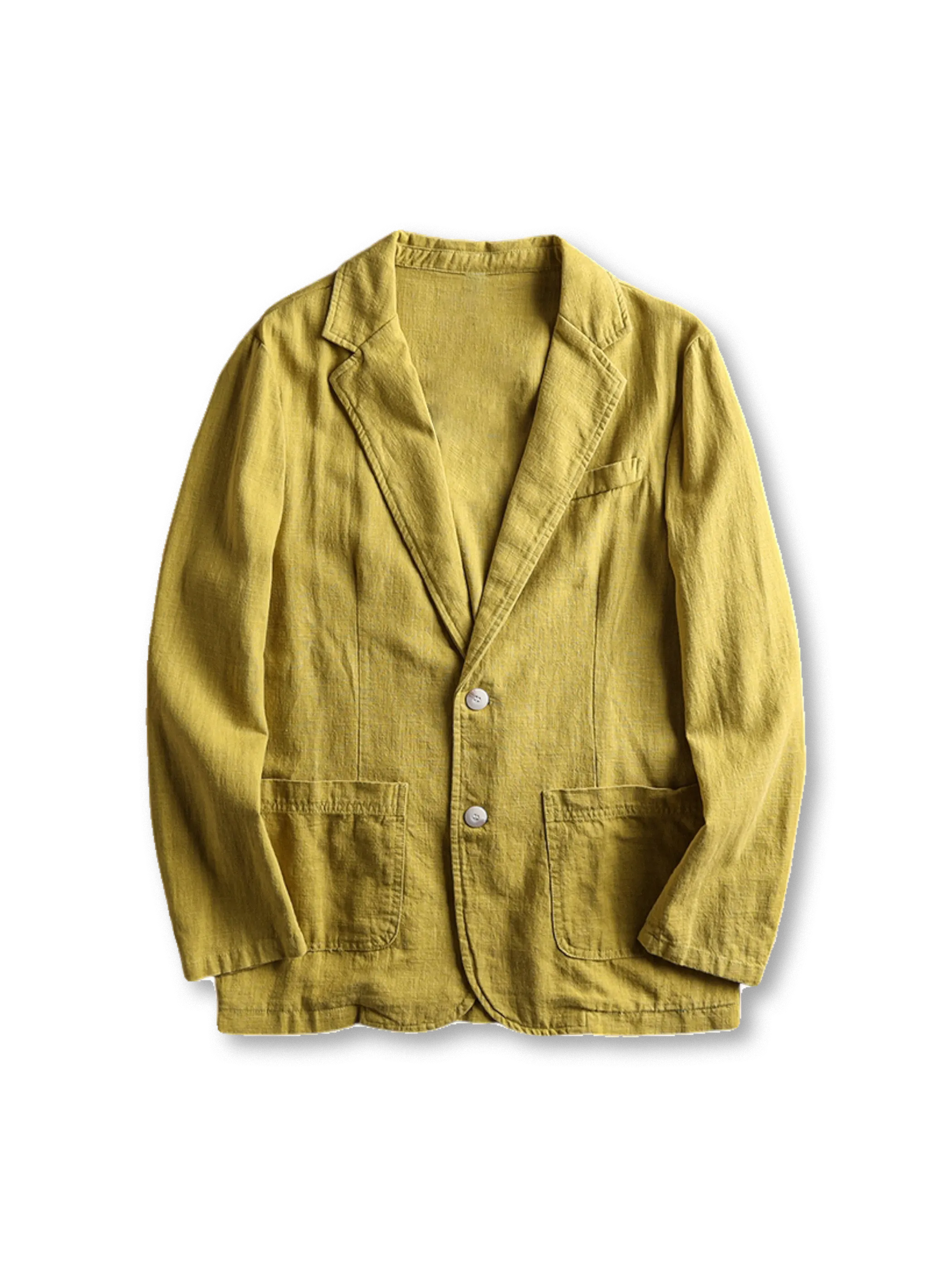 リネンブレンドのテーラードジャケット、フロントに二つボタンとパッチポケットが見える