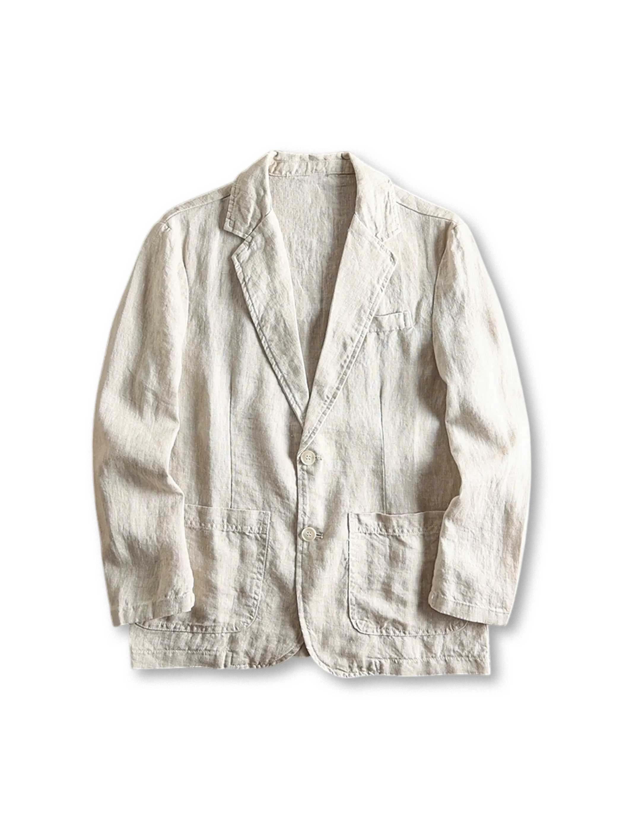 ウォッシュ加工されたリネン素材のテーラードジャケット、フロントに二つボタンとパッチポケッ