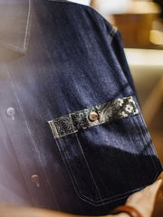 BORO風のパッチが付いた半袖デニムシャツ