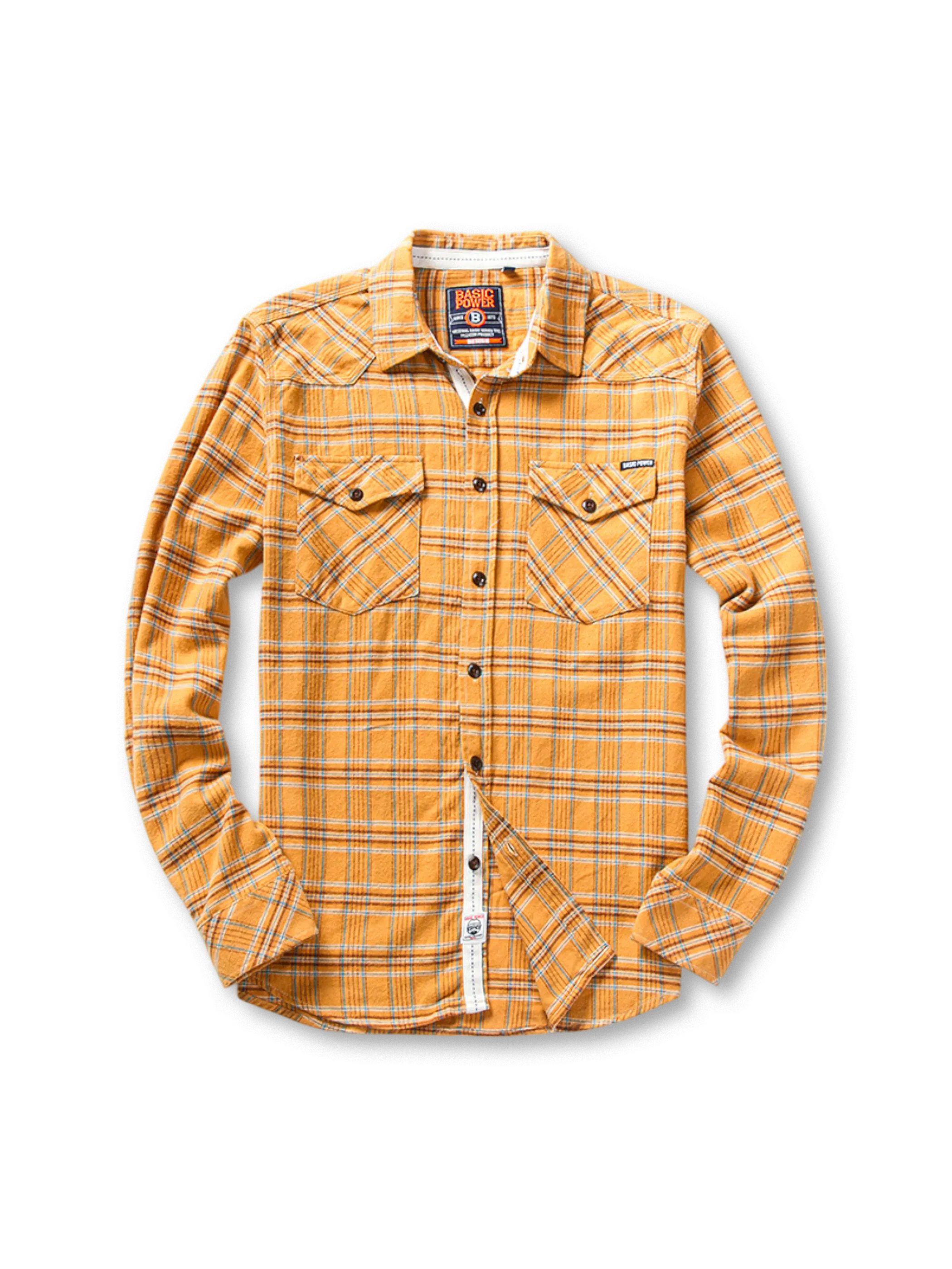 長袖チェックシャツ、両胸ポケット付き