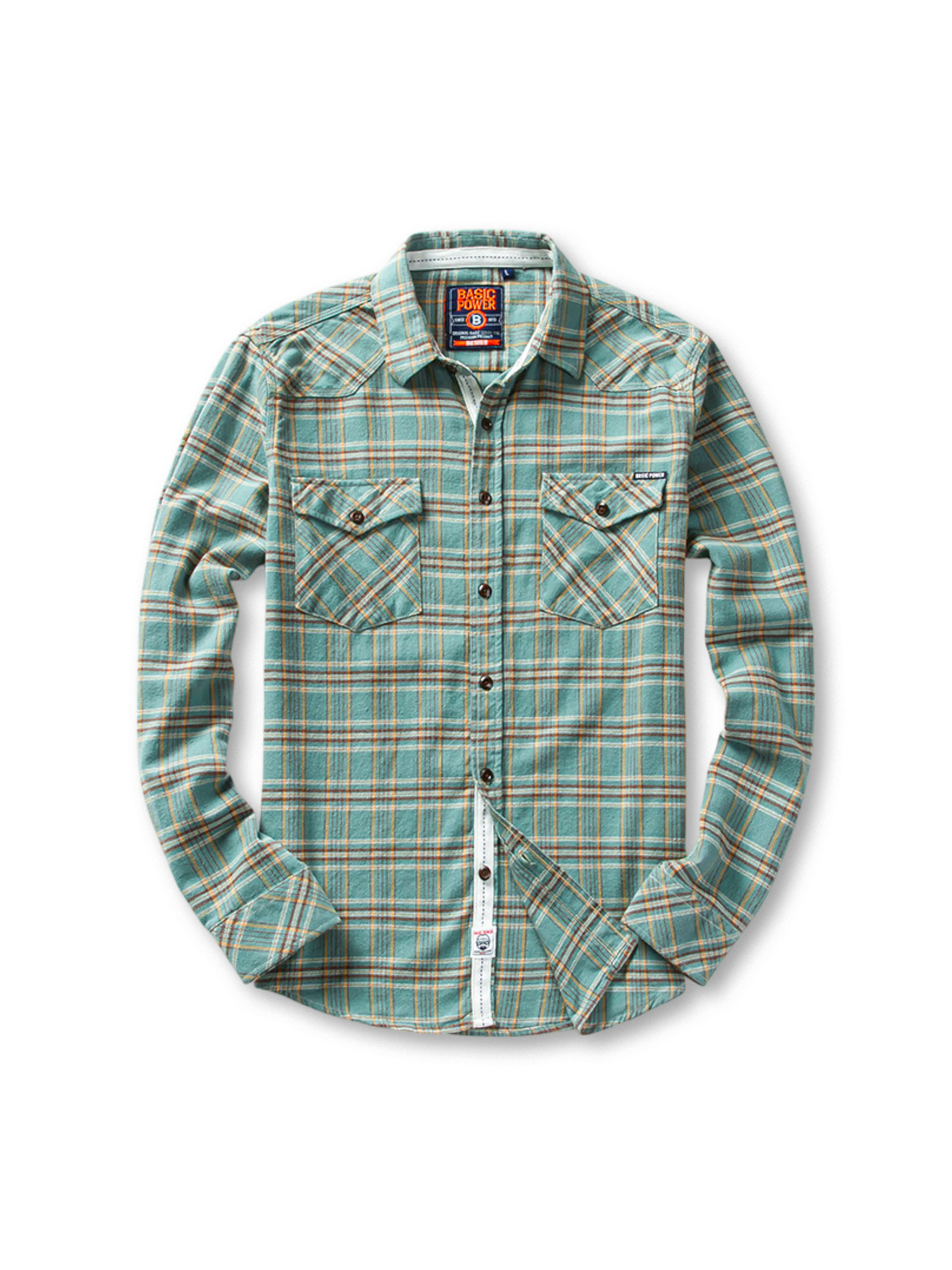 長袖チェックシャツ、両胸ポケット付き