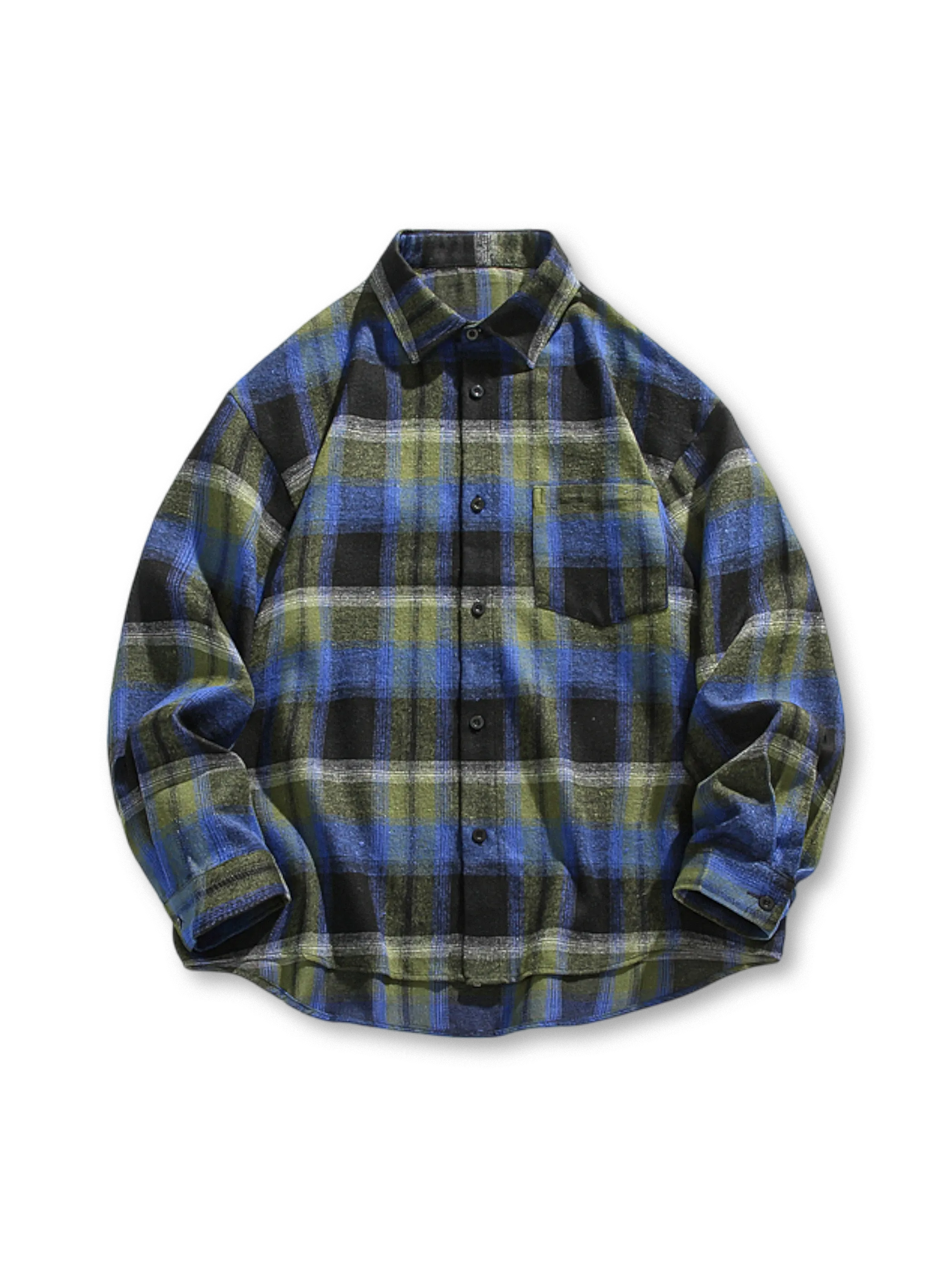 三色のタイダイチェックが際立つ長袖シャツのフロントビュー