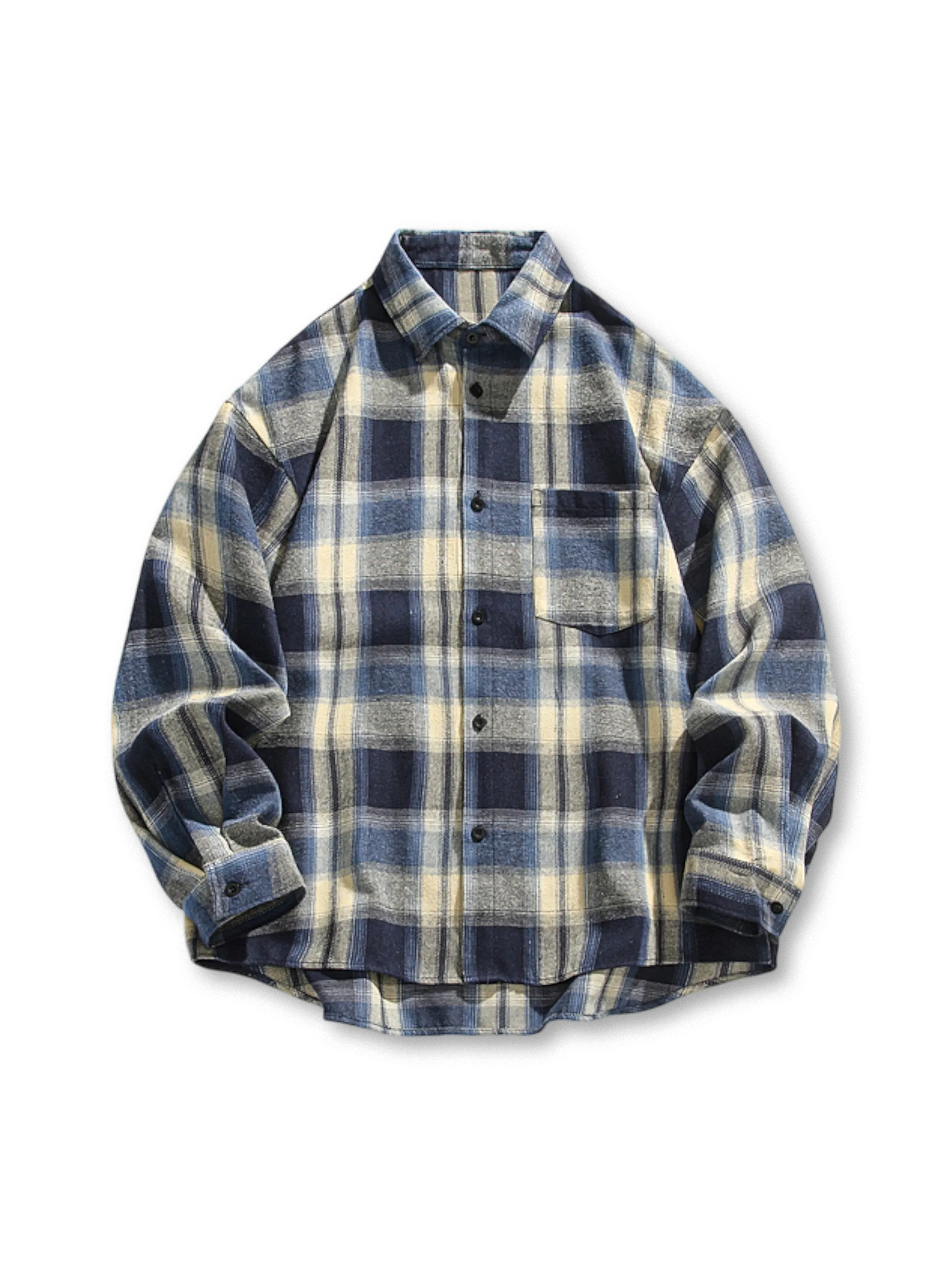 三色のタイダイチェックが際立つ長袖シャツのフロントビュー