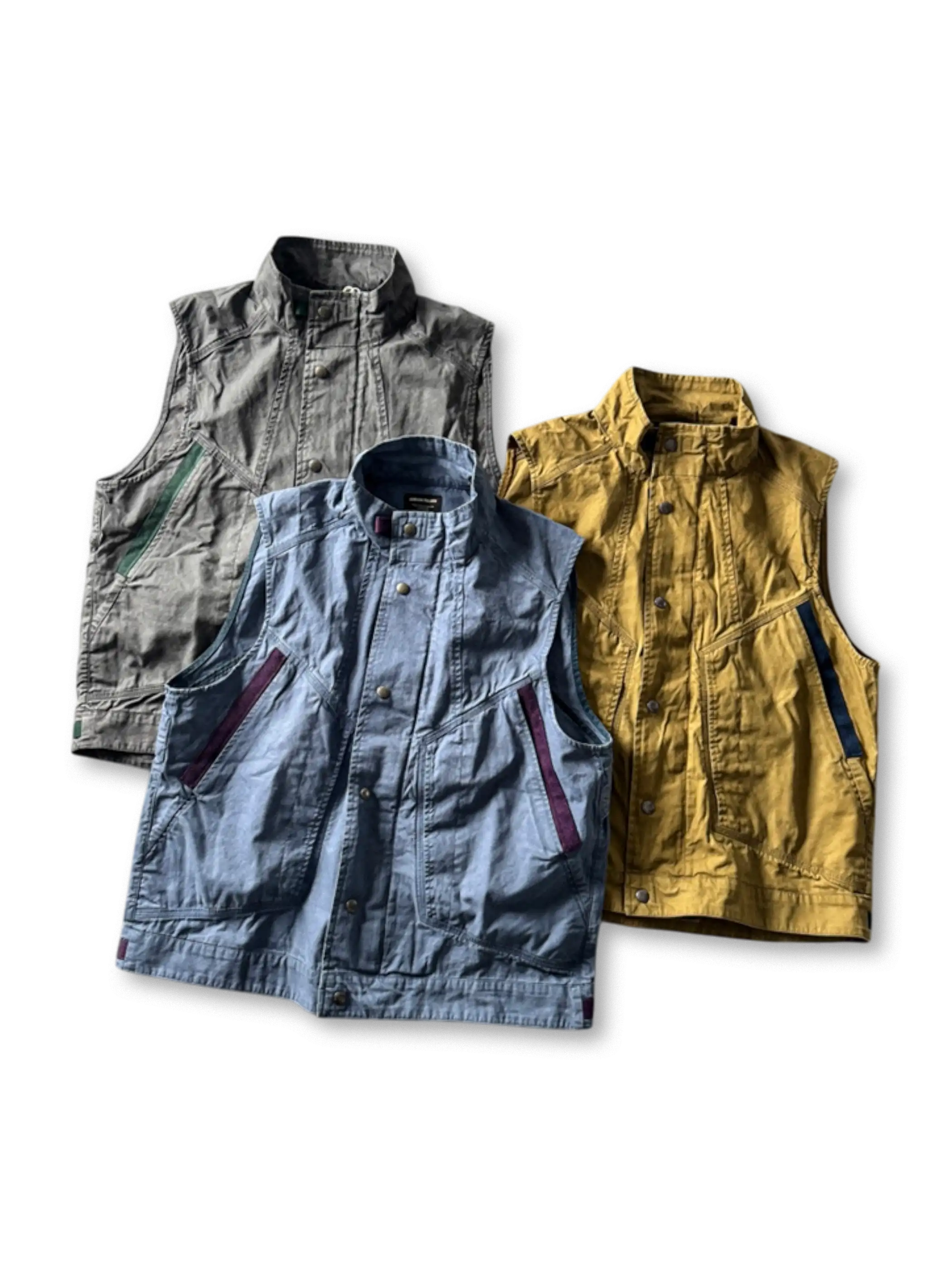 色落ち加工のワークベスト、配色ポケット付き