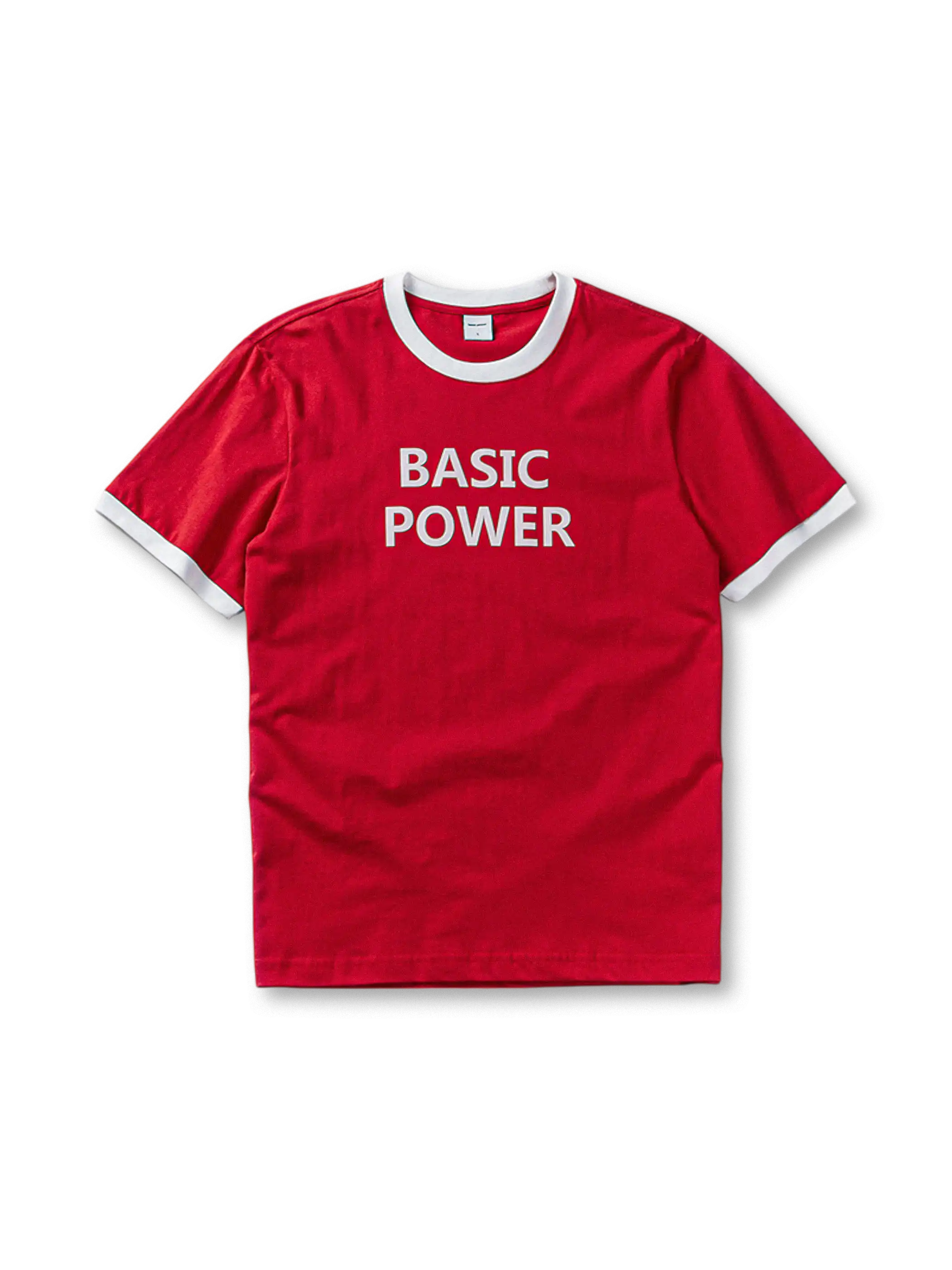 首元と袖口の配色が際立つリンガーTシャツ、フロントに「BASIC POWER」プリント