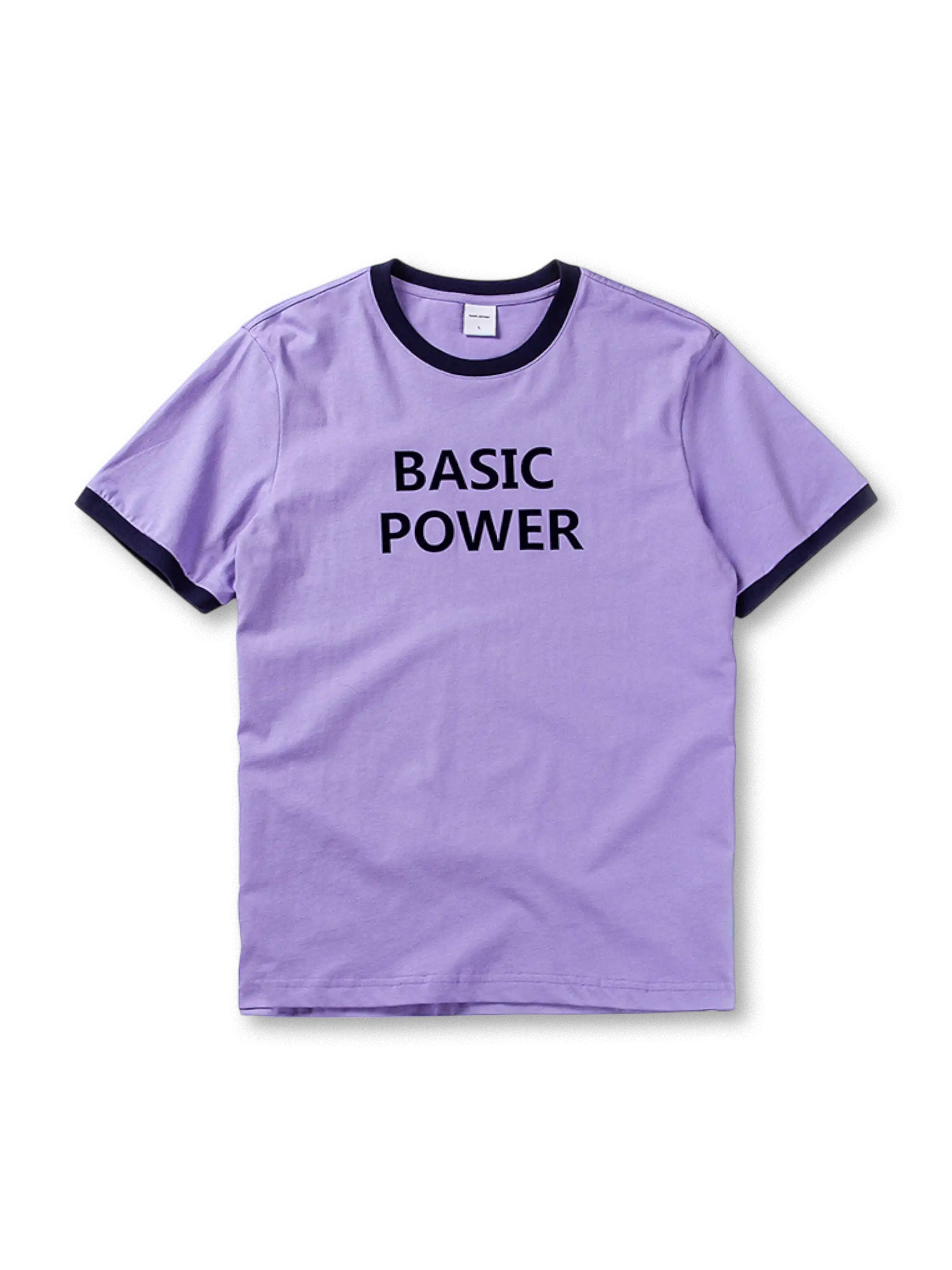 首元と袖口の配色が際立つリンガーTシャツ、フロントに「BASIC POWER」プリント