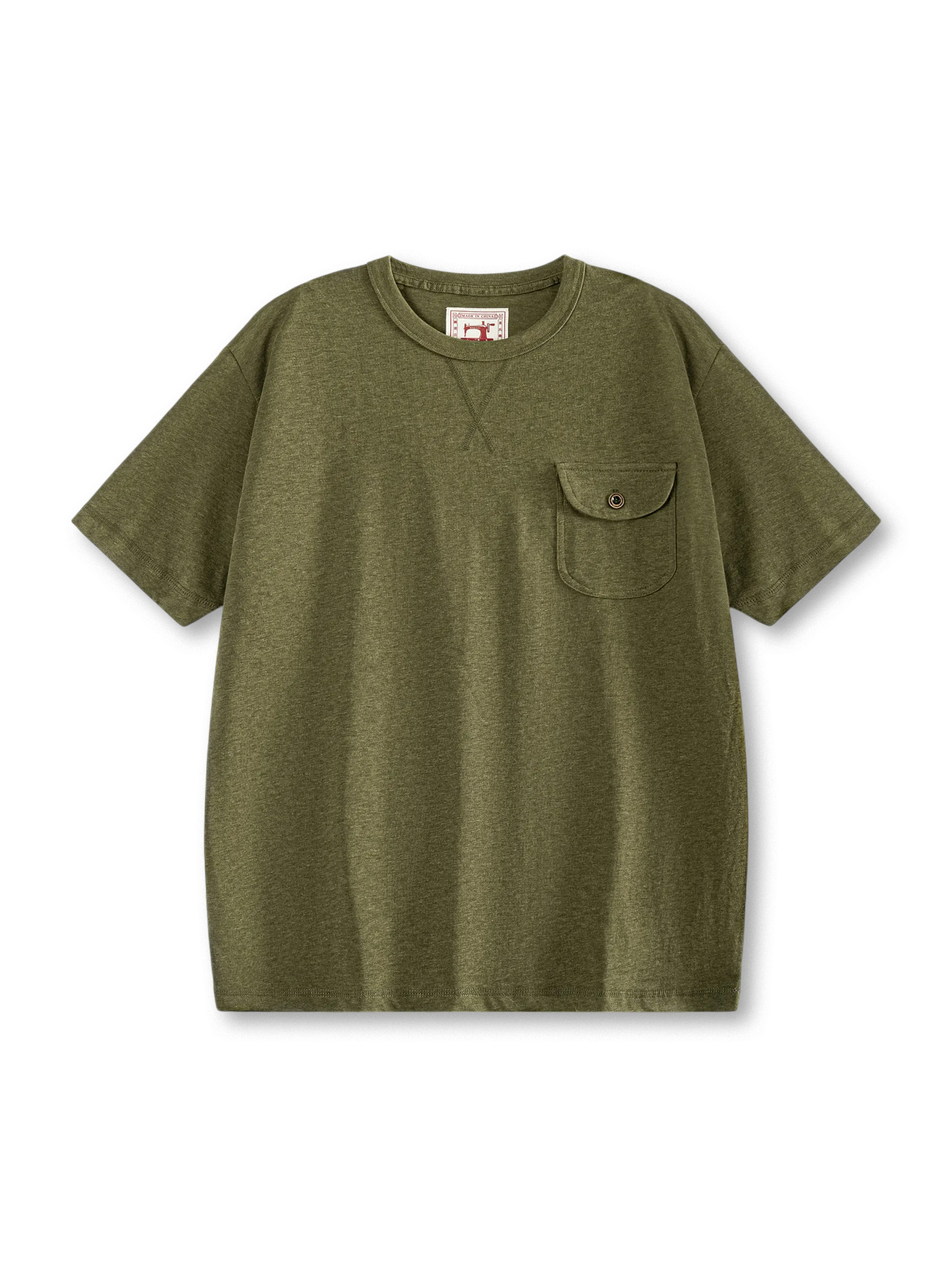 花色糸特有のムラ感が楽しめるヘビーウェイトTシャツ、フロントポケットに牛角ボタンが付いている